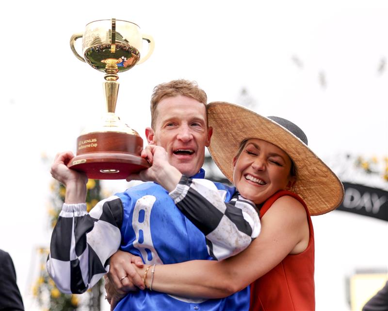 MELBOURNE, AUSTRALIA - NOVEMBER 01: Mark Zahra celebrates after riding Gold Trip to win race 7 the Lexus Melbourne Cup during 2022 Melbourne Cup Day at Flemington Racecourse on November 01, 2022 in Melbourne, Australia. (Photo by Jonathan DiMaggio/Getty Images for VRC)