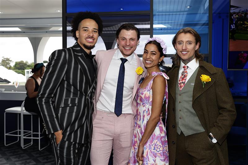 MELBOURNE, AUSTRALIA - NOVEMBER 01: Marley Biyendolo, Konrad Bien- Stephen, Brooke Jowett and Ciarran Stott during 2022 Melbourne Cup Day at Flemington Racecourse on November 01, 2022 in Melbourne, Australia. (Photo by Sam Tabone/Getty Images)