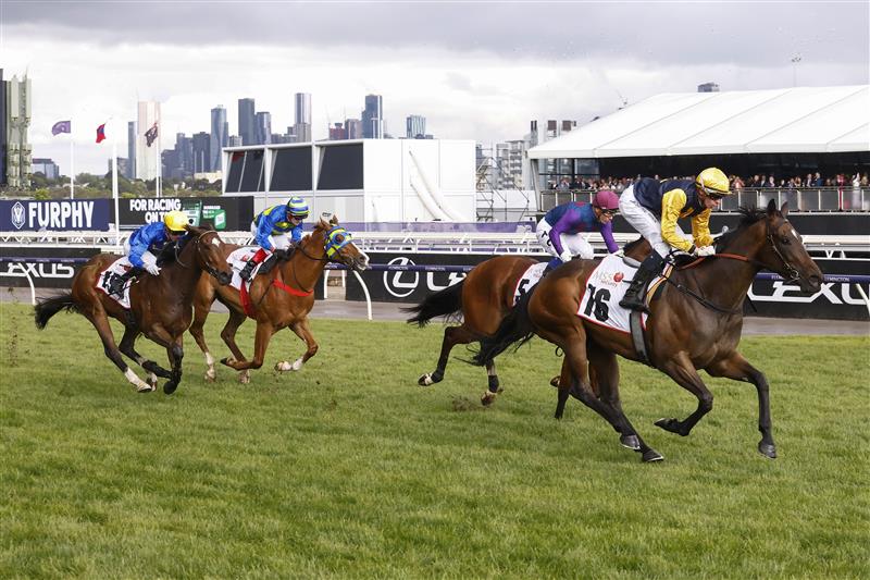MELBOURNE, AUSTRALIA - NOVEMBER 01: Michael Dee rides Vespertine (R) to win race ten the MSS Security Sprint during 2022 Lexus Melbourne Cup Day at Flemington Racecourse on November 01, 2022 in Melbourne, Australia. (Photo by Daniel Pockett/Getty Images)