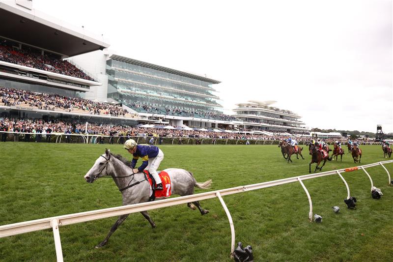 MELBOURNE, AUSTRALIA - NOVEMBER 01: Tim Clark rides White Marlin to win race 2 The Macca's Run during 2022 Lexus Melbourne Cup Day at Flemington Racecourse on November 01, 2022 in Melbourne, Australia. (Photo by Robert Cianflone/Getty Images)