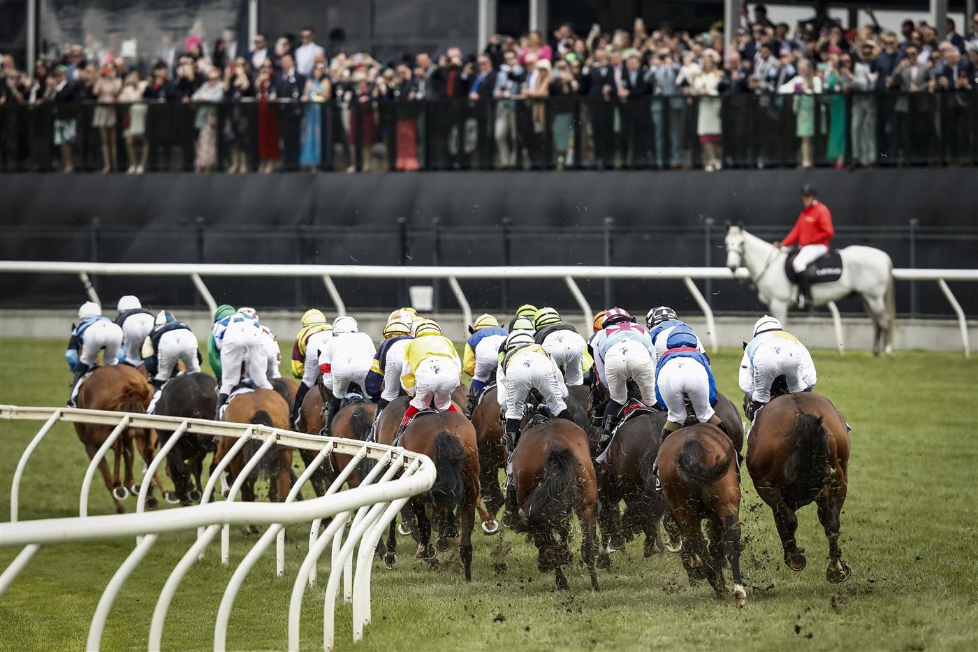 MELBOURNE, AUSTRALIA - NOVEMBER 01: The field runs past the post for the first time in race 7 the Lexus Melbourne Cup during 2022 Melbourne Cup Day at Flemington Racecourse on November 01, 2022 in Melbourne, Australia. (Photo by Darrian Traynor/Getty Images)