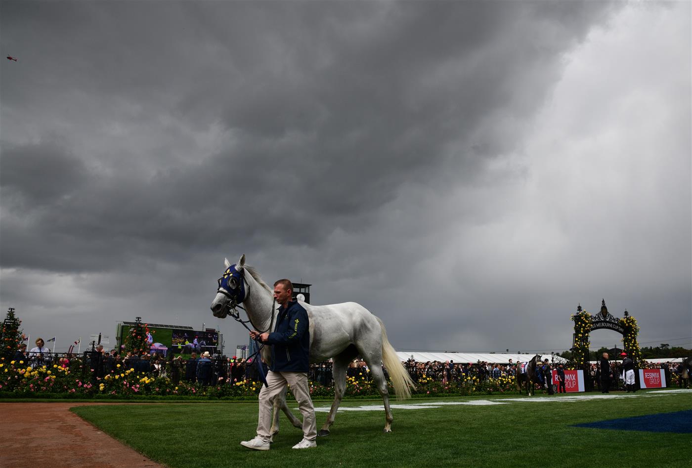 MELBOURNE, AUSTRALIA - NOVEMBER 01: General view of wet conditions after Race 3, the Resimax Group Subzero Handicap, during 2022 Lexus Melbourne Cup Day at Flemington Racecourse on November 01, 2022 in Melbourne, Australia. (Photo by Vince Caligiuri/Getty Images)