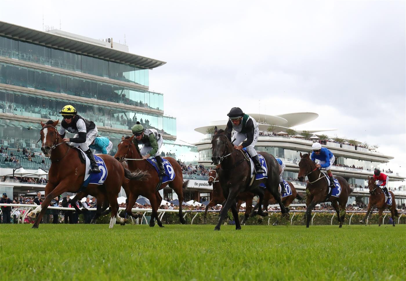 MELBOURNE, AUSTRALIA - NOVEMBER 01: Damien Thornton rides #2 Krakarib to win to win race one the Darley Maribyrnong Plate during 2022 Lexus Melbourne Cup Day at Flemington Racecourse on November 01, 2022 in Melbourne, Australia. (Photo by Robert Cianflone/Getty Images)