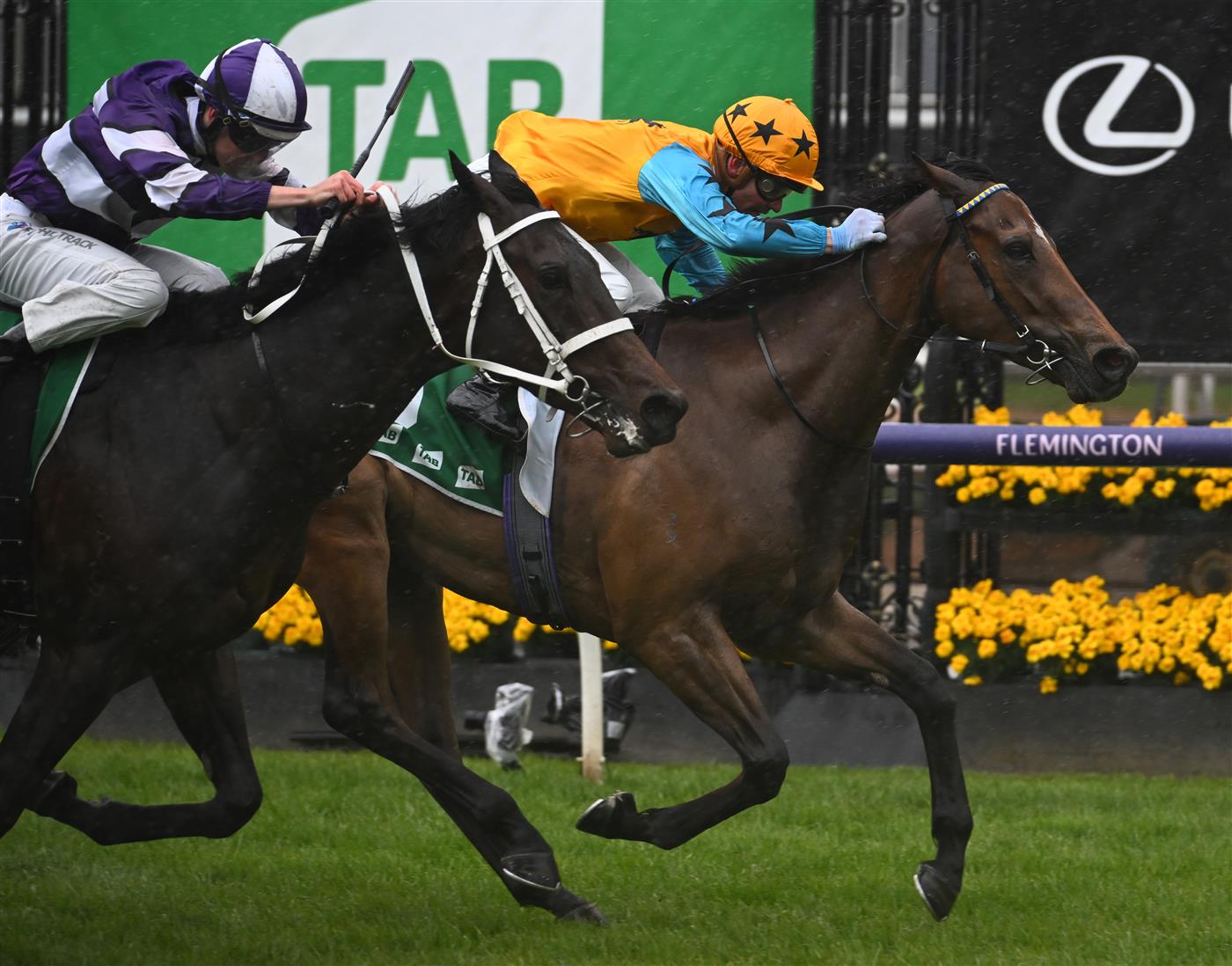 MELBOURNE, AUSTRALIA - NOVEMBER 01: Ben Melham riding High Approach winning Race 4, the Tab Trophy, during 2022 Lexus Melbourne Cup Day at Flemington Racecourse on November 01, 2022 in Melbourne, Australia. (Photo by Vince Caligiuri/Getty Images)