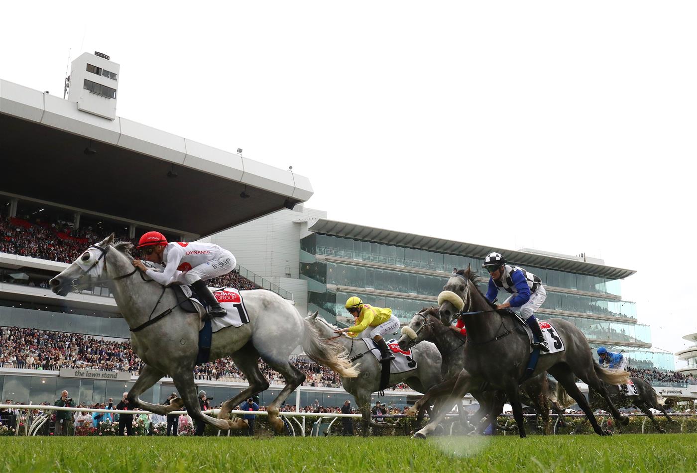 MELBOURNE, AUSTRALIA - NOVEMBER 01: Blake Shinn rides #1 Love Tap to win race three the Resimax Group Subzero Handicap during 2022 Lexus Melbourne Cup Day at Flemington Racecourse on November 01, 2022 in Melbourne, Australia. (Photo by Robert Cianflone/Getty Images)