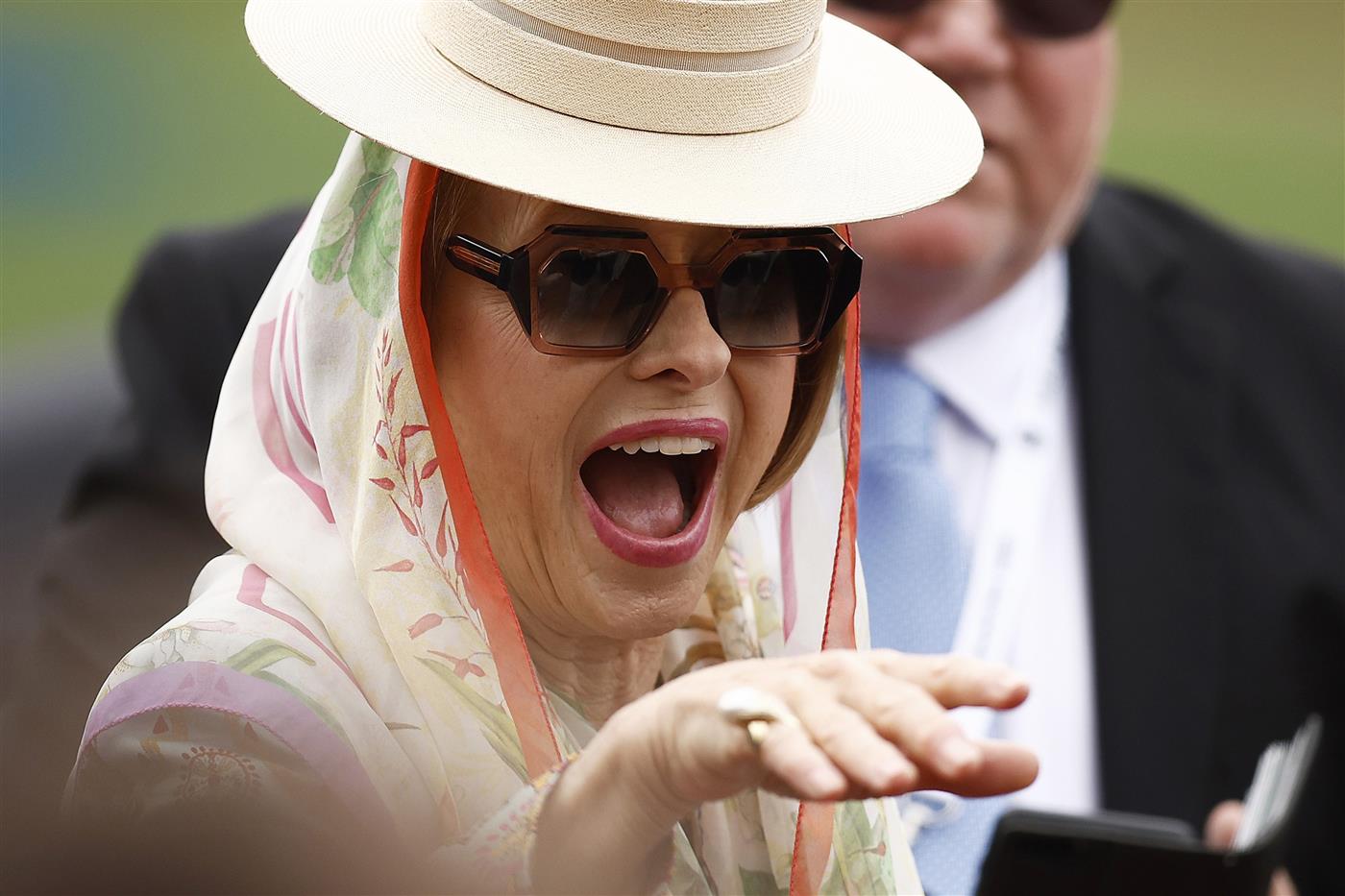 MELBOURNE, AUSTRALIA - NOVEMBER 01: Gai Waterhouse gestures during 2022 Lexus Melbourne Cup Day at Flemington Racecourse on November 01, 2022 in Melbourne, Australia. (Photo by Daniel Pockett/Getty Images)