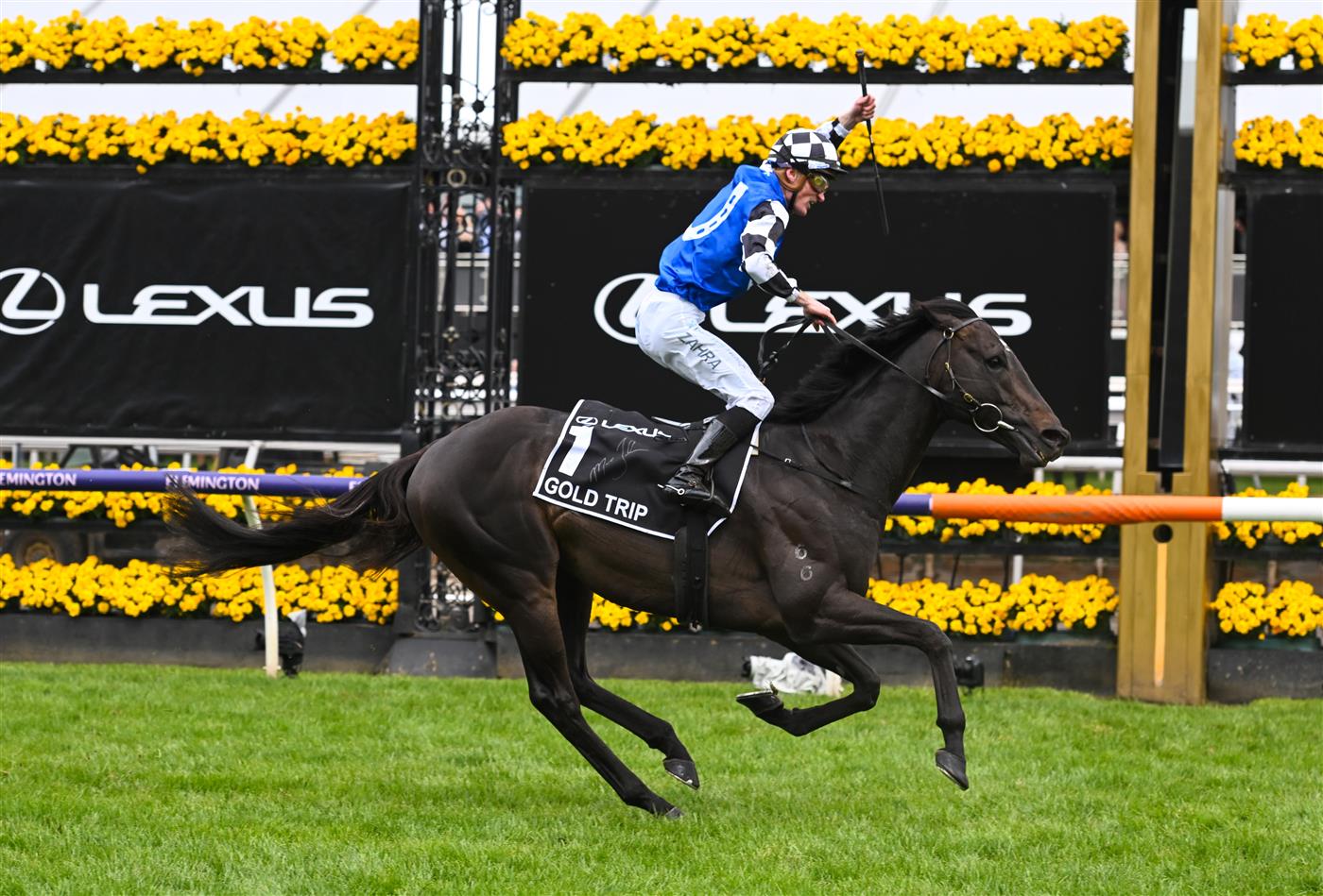 MELBOURNE, AUSTRALIA - NOVEMBER 01: Mark Zahra riding Gold Trip winning Race 7, the Lexus Melbourne Cup, during 2022 Lexus Melbourne Cup Day at Flemington Racecourse on November 01, 2022 in Melbourne, Australia. (Photo by Vince Caligiuri/Getty Images)