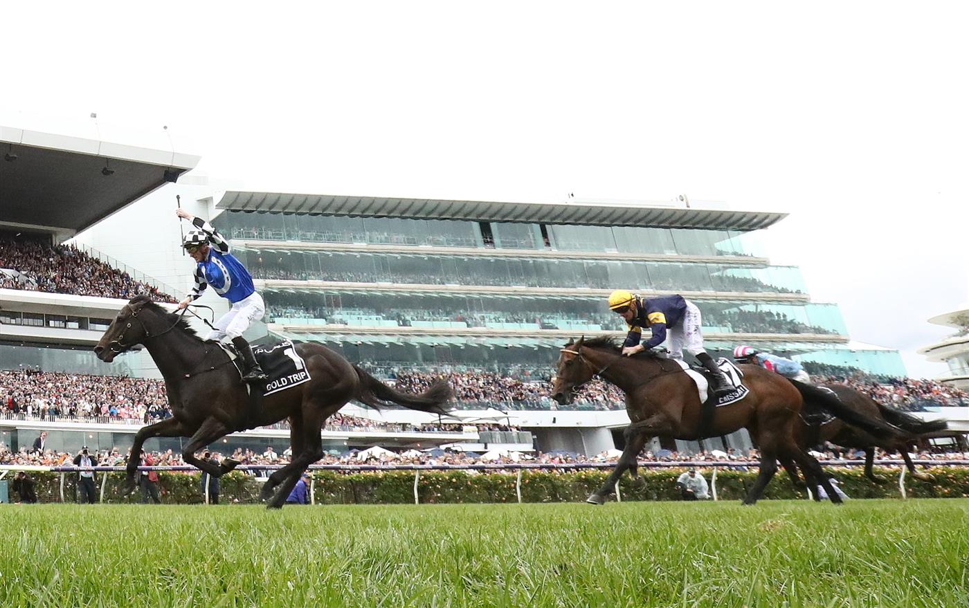 MELBOURNE, AUSTRALIA - NOVEMBER 01: Mark Zahra rides #1 Gold Trip to win race seven the Lexus Melbourne Cup during 2022 Lexus Melbourne Cup Day at Flemington Racecourse on November 01, 2022 in Melbourne, Australia. (Photo by Robert Cianflone/Getty Images)