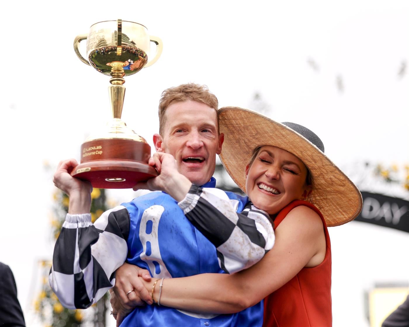 MELBOURNE, AUSTRALIA - NOVEMBER 01: Mark Zahra celebrates after riding Gold Trip to win race 7 the Lexus Melbourne Cup during 2022 Melbourne Cup Day at Flemington Racecourse on November 01, 2022 in Melbourne, Australia. (Photo by Jonathan DiMaggio/Getty Images for VRC)