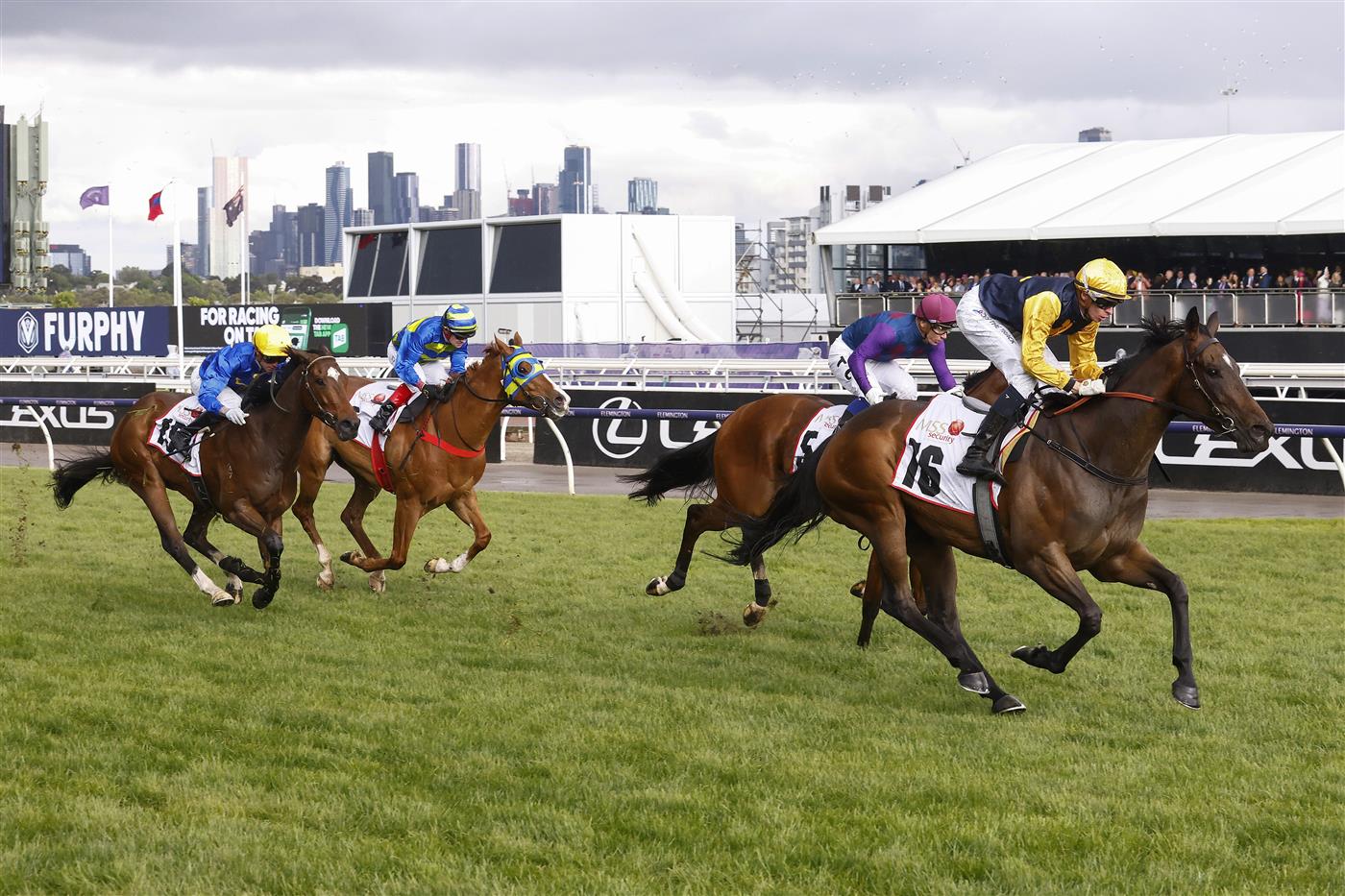 MELBOURNE, AUSTRALIA - NOVEMBER 01: Michael Dee rides Vespertine (R) to win race ten the MSS Security Sprint during 2022 Lexus Melbourne Cup Day at Flemington Racecourse on November 01, 2022 in Melbourne, Australia. (Photo by Daniel Pockett/Getty Images)
