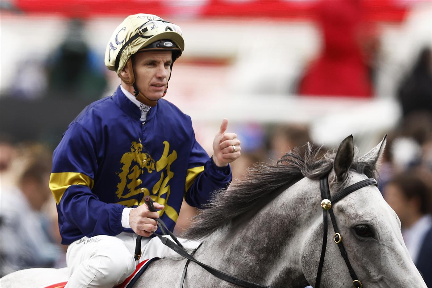 MELBOURNE, AUSTRALIA - NOVEMBER 01: Tim Clark rides White Marlin after winning race 2 The Macca's Run during 2022 Lexus Melbourne Cup Day at Flemington Racecourse on November 01, 2022 in Melbourne, Australia. (Photo by Robert Cianflone/Getty Images)