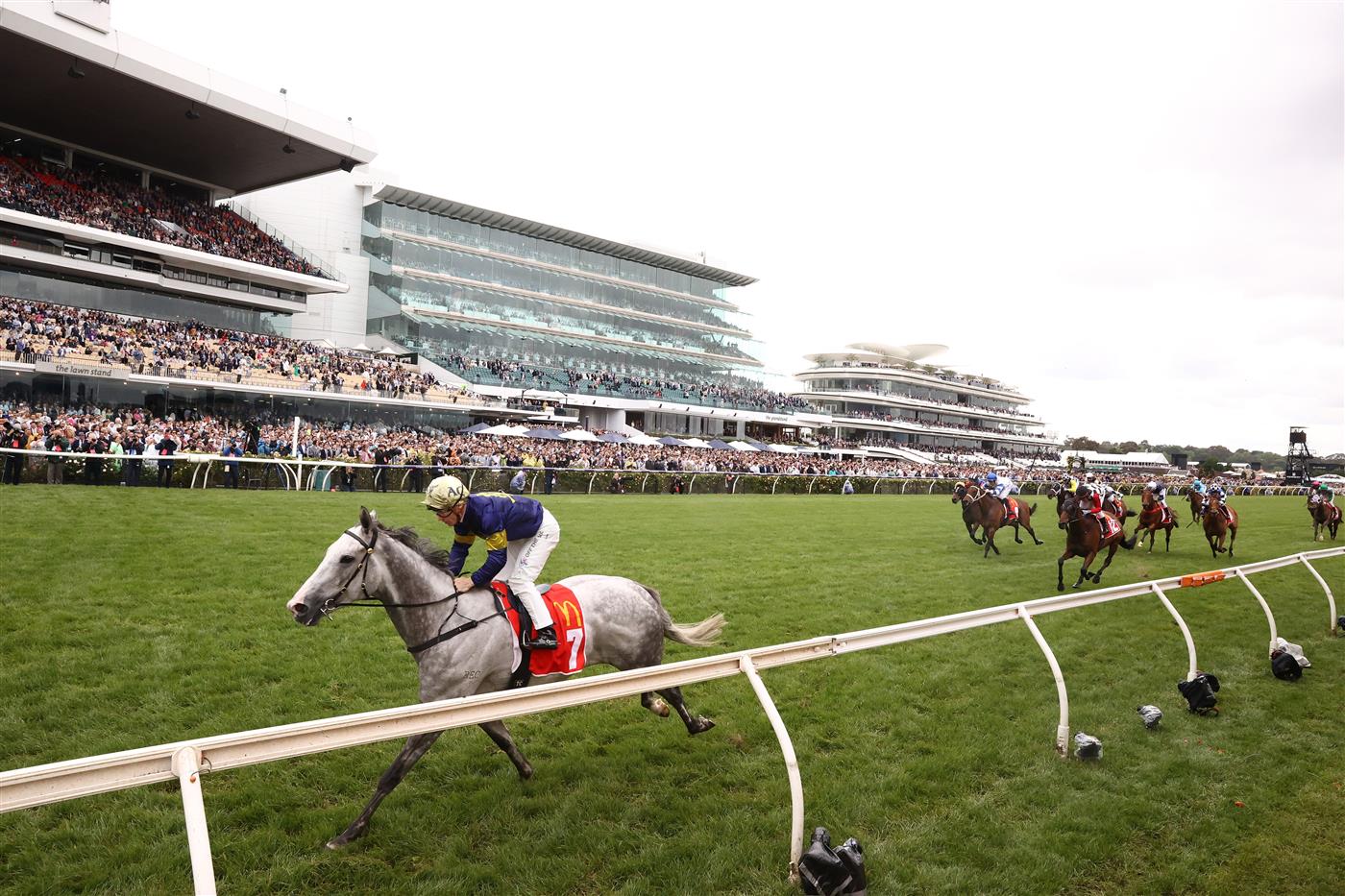 MELBOURNE, AUSTRALIA - NOVEMBER 01: Tim Clark rides White Marlin to win race 2 The Macca's Run during 2022 Lexus Melbourne Cup Day at Flemington Racecourse on November 01, 2022 in Melbourne, Australia. (Photo by Robert Cianflone/Getty Images)