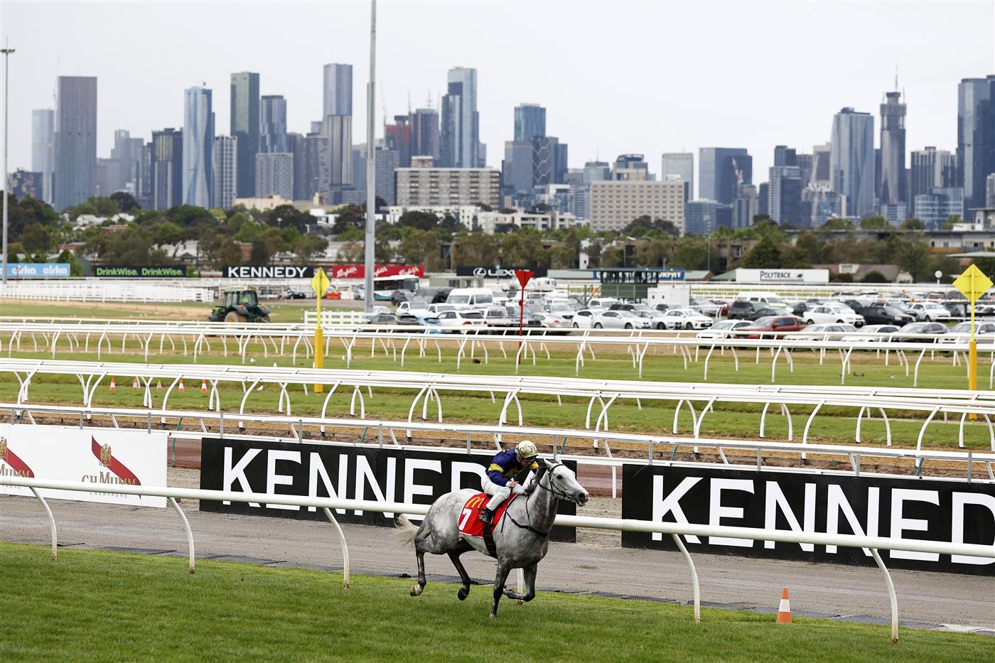 MELBOURNE, AUSTRALIA - NOVEMBER 01: Tim Clark rides White Marlin to win race 2 The Macca's Run during 2022 Lexus Melbourne Cup Day at Flemington Racecourse on November 01, 2022 in Melbourne, Australia. (Photo by Robert Cianflone/Getty Images)