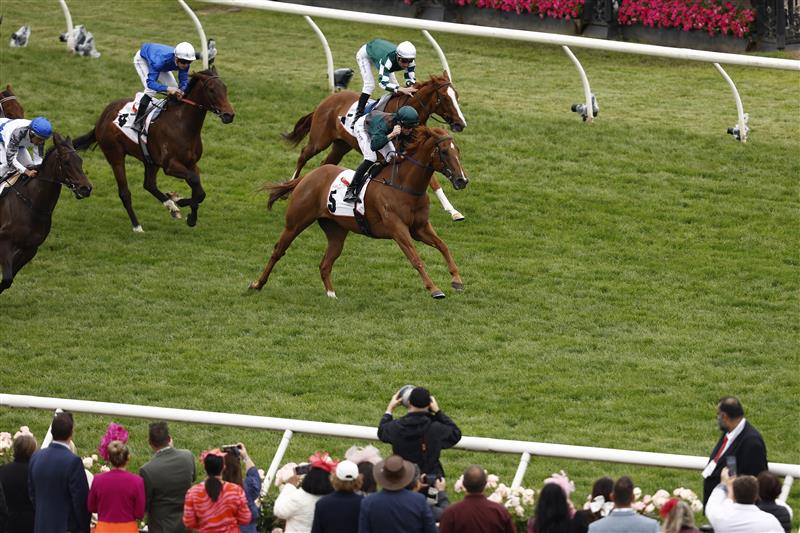 MELBOURNE, AUSTRALIA - NOVEMBER 03: Joshua Parr rides Joyful Fortune to win race 6 the G.H. Mumm Century Stakes during 2022 Kennedy Oaks Day at Flemington Racecourse on November 03, 2022 in Melbourne, Australia. (Photo by Darrian Traynor/Getty Images)