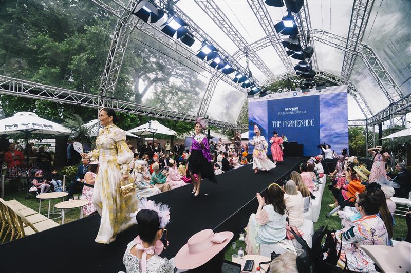MELBOURNE, AUSTRALIA - NOVEMBER 03: Fashions on the Field contestants walk the Best Dressed runway during 2022 Oaks Day at Flemington Racecourse on November 03, 2022 in Melbourne, Australia. (Photo by Naomi Rahim/Getty Images for VRC)