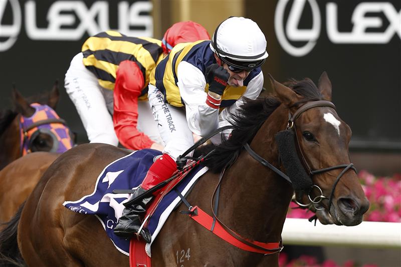 MELBOURNE, AUSTRALIA - NOVEMBER 03: Dean Yendall rides Toregene to win race 7 the Melbourne Cup Carnival Country Final during 2022 Kennedy Oaks Day at Flemington Racecourse on November 03, 2022 in Melbourne, Australia. (Photo by Darrian Traynor/Getty Images)