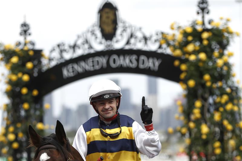 MELBOURNE, AUSTRALIA - NOVEMBER 03: Dean Yendall returns to scale on Toregene after winning race 7 the Melbourne Cup Carnival Country Final during 2022 Kennedy Oaks Day at Flemington Racecourse on November 03, 2022 in Melbourne, Australia. (Photo by Darrian Traynor/Getty Images)