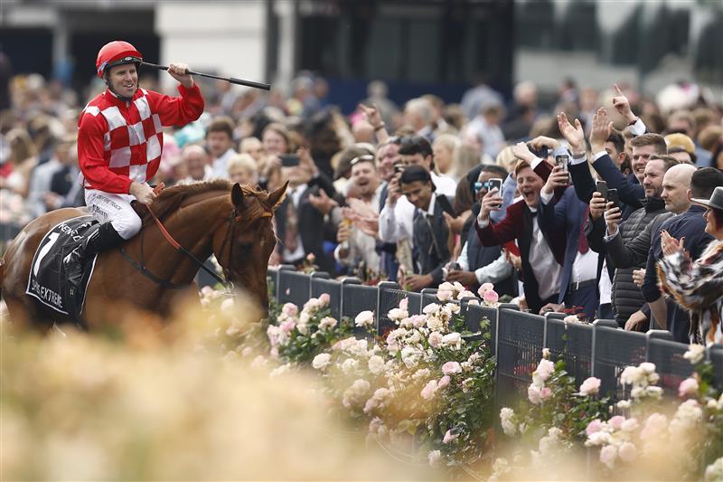 MELBOURNE, AUSTRALIA - NOVEMBER 03: Tommy Berry returns to scale after winning the Kennedy Oaks, during 2022 Kennedy Oaks Day at Flemington Racecourse on November 03, 2022 in Melbourne, Australia. (Getty)