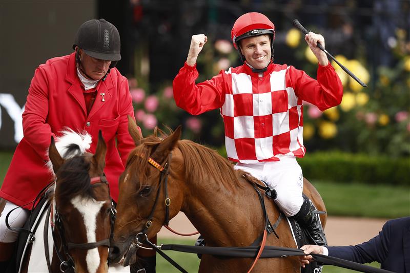 MELBOURNE, AUSTRALIA - NOVEMBER 03: Tommy Berry riding #1 She's Extreme to win Race 8, the Kennedy Oaks, during 2022 Kennedy Oaks Day at Flemington Racecourse on November 03, 2022 in Melbourne, Australia. (Getty)