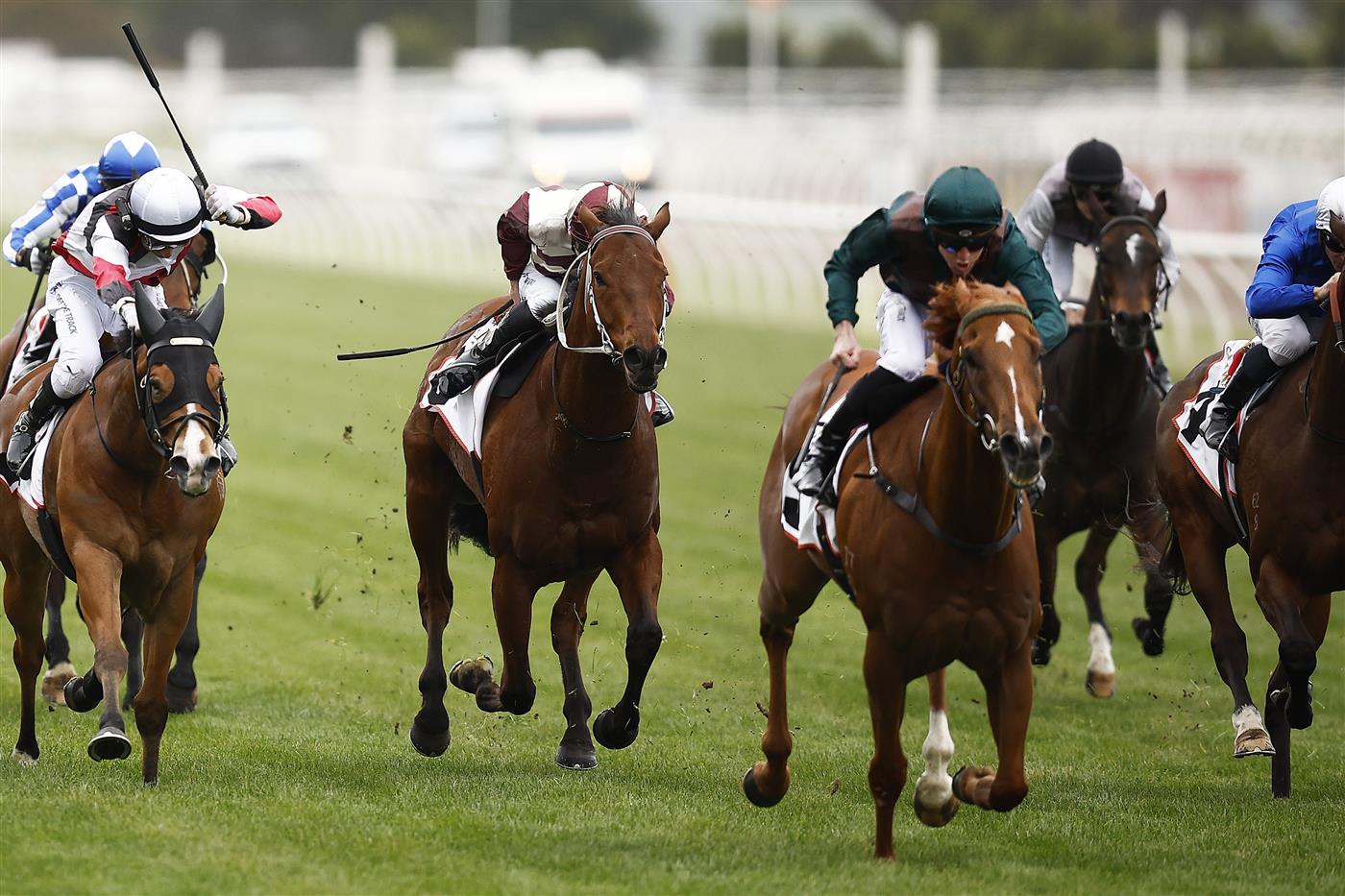 MELBOURNE, AUSTRALIA - NOVEMBER 03: Joshua Parr rides #5 Joyful Fortune (3R) to win the G.h. Mumm Century Stakes during 2022 Kennedy Oaks Day at Flemington Racecourse on November 03, 2022 in Melbourne, Australia. (Photo by Daniel Pockett/Getty Images)
