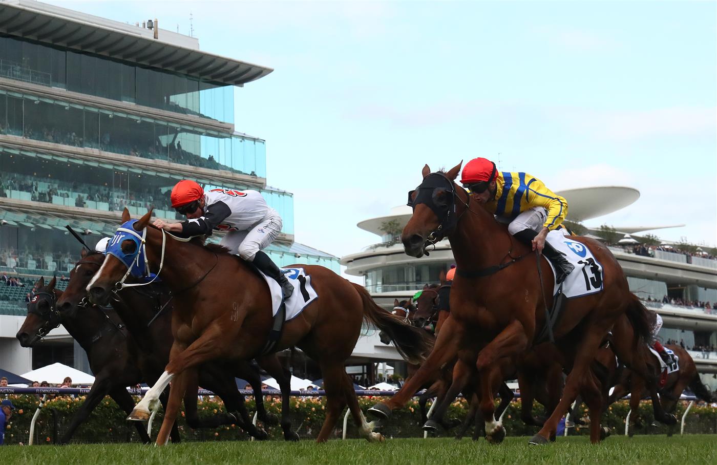 MELBOURNE, AUSTRALIA - NOVEMBER 03: Jake Toeroek rides #7 Aitch To Oh to win the 10 News First Red Roses Stakes during 2022 Kennedy Oaks Day at Flemington Racecourse on November 03, 2022 in Melbourne, Australia. (Photo by Robert Cianflone/Getty Images)