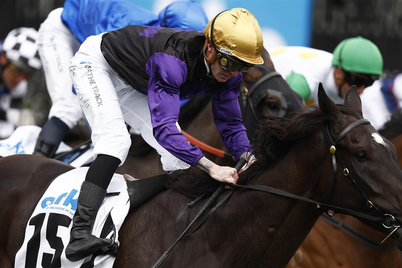 MELBOURNE, AUSTRALIA - NOVEMBER 03: Blake McDougall rides Carlisle to win race 5 the Cirka Trophy during 2022 Kennedy Oaks Day at Flemington Racecourse on November 03, 2022 in Melbourne, Australia. (Photo by Daniel Pockett/Getty Images)