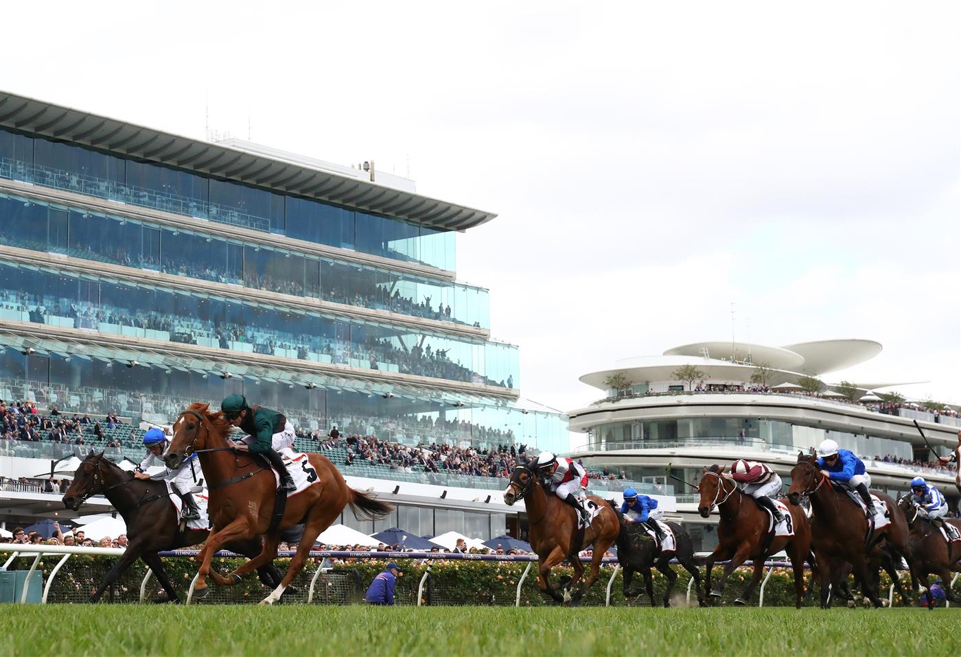 MELBOURNE, AUSTRALIA - NOVEMBER 03: Joshua Parr rides #5 Joyful Fortune to win the G.h. Mumm Century Stakes during 2022 Kennedy Oaks Day at Flemington Racecourse on November 03, 2022 in Melbourne, Australia. (Photo by Robert Cianflone/Getty Images)