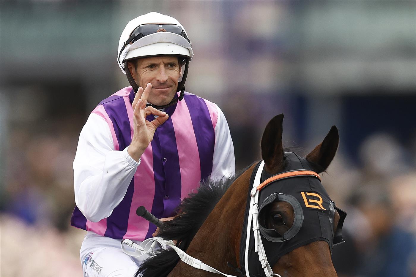 MELBOURNE, AUSTRALIA - NOVEMBER 03: Hugh Bowman rides Razeta after winning race 4 the Off The Track Desirable Stakes during 2022 Kennedy Oaks Day at Flemington Racecourse on November 03, 2022 in Melbourne, Australia. (Photo by Daniel Pockett/Getty Images)