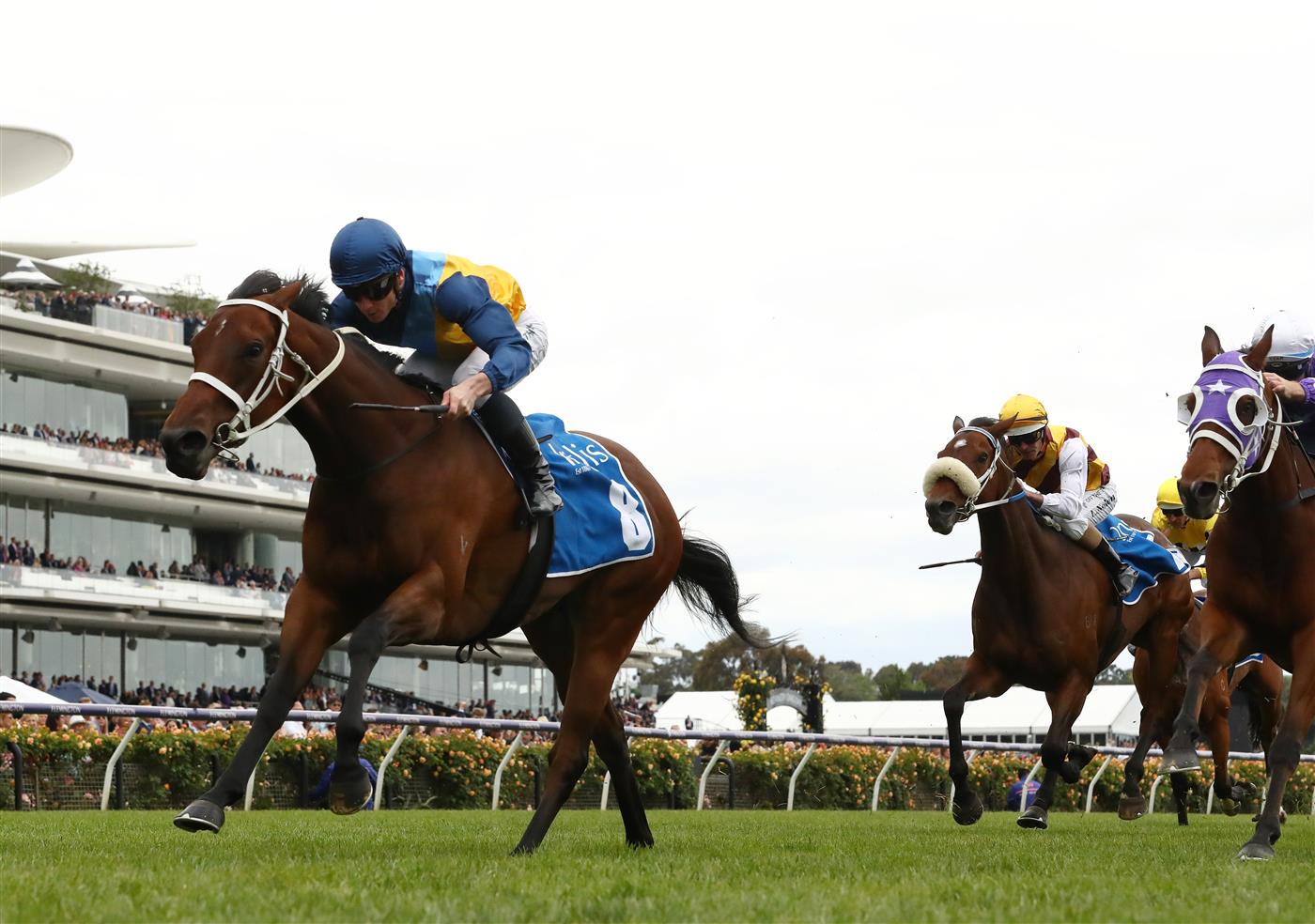MELBOURNE, AUSTRALIA - NOVEMBER 03: James McDonald rides #8 Roots to win the Inglis Bracelet during 2022 Kennedy Oaks Day at Flemington Racecourse on November 03, 2022 in Melbourne, Australia. (Photo by Robert Cianflone/Getty Images)