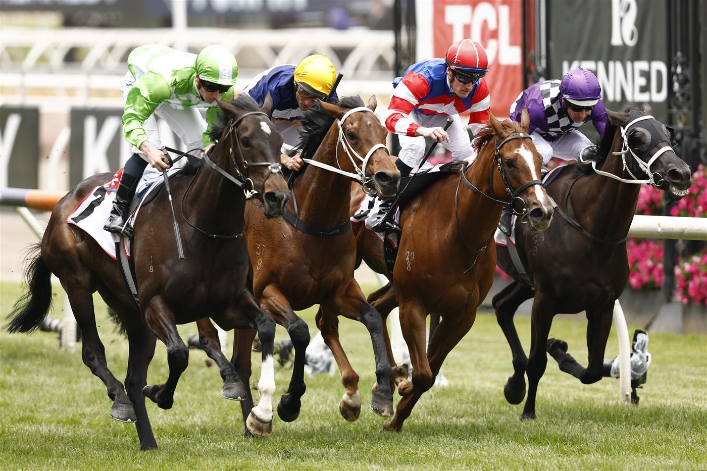 MELBOURNE, AUSTRALIA - NOVEMBER 03: James McDonald (left) rides Matron Bullwinkle to win race 1 the TCL TV Stakes during 2022 Kennedy Oaks Day at Flemington Racecourse on November 03, 2022 in Melbourne, Australia. (Photo by Darrian Traynor/Getty Images)