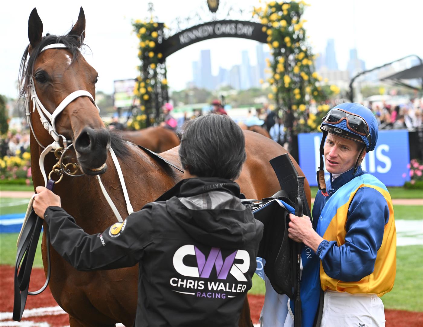 MELBOURNE, AUSTRALIA - NOVEMBER 03: James McDonald riding Roots after winning Race 3, the Inglis Bracelet,  during 2022 Kennedy Oaks Day at Flemington Racecourse on November 03, 2022 in Melbourne, Australia. (Photo by Vince Caligiuri/Getty Images)