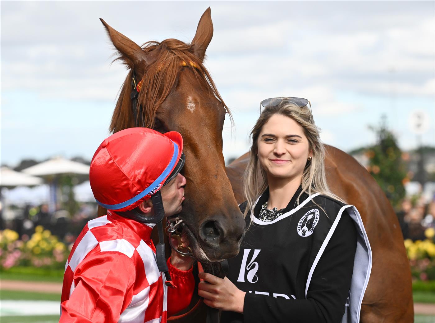 MELBOURNE, AUSTRALIA - NOVEMBER 03: Tommy Berry kisses after winning the Kennedy Oaks, during 2022 Kennedy Oaks Day at Flemington Racecourse on November 03, 2022 in Melbourne, Australia. (Getty)