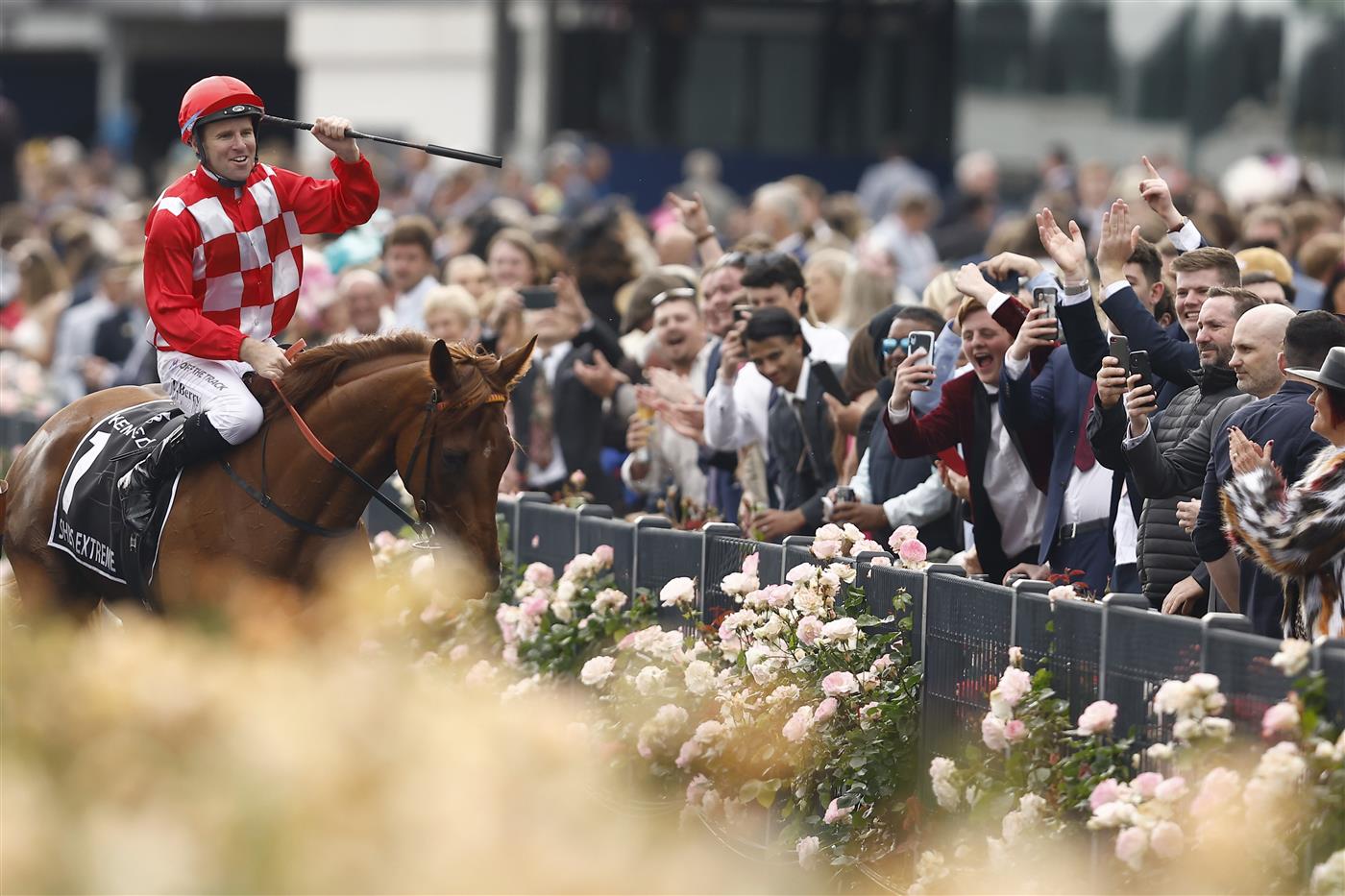 MELBOURNE, AUSTRALIA - NOVEMBER 03: Tommy Berry returns to scale after winning the Kennedy Oaks, during 2022 Kennedy Oaks Day at Flemington Racecourse on November 03, 2022 in Melbourne, Australia. (Getty)
