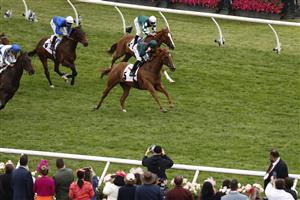MELBOURNE, AUSTRALIA - NOVEMBER 03: Joshua Parr rides Joyful Fortune to win race 6 the G.H. Mumm Century Stakes during 2022 Kennedy Oaks Day at Flemington Racecourse on November 03, 2022 in Melbourne, Australia. (Photo by Darrian Traynor/Getty Images)
