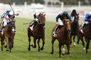 MELBOURNE, AUSTRALIA - NOVEMBER 03: Joshua Parr rides #5 Joyful Fortune (3R) to win the G.h. Mumm Century Stakes during 2022 Kennedy Oaks Day at Flemington Racecourse on November 03, 2022 in Melbourne, Australia. (Photo by Daniel Pockett/Getty Images)