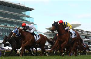 MELBOURNE, AUSTRALIA - NOVEMBER 03: Jake Toeroek rides #7 Aitch To Oh to win the 10 News First Red Roses Stakes during 2022 Kennedy Oaks Day at Flemington Racecourse on November 03, 2022 in Melbourne, Australia. (Photo by Robert Cianflone/Getty Images)