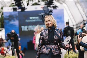 MELBOURNE, AUSTRALIA - NOVEMBER 03: Fashions on the Field contestants walk the runwayduring 2022 Oaks Day at Flemington Racecourse on November 03, 2022 in Melbourne, Australia. (Photo by Naomi Rahim/Getty Images for VRC)