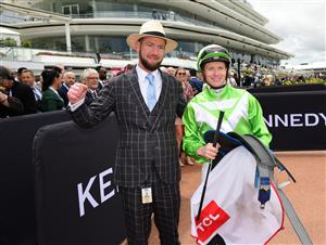 MELBOURNE, AUSTRALIA - NOVEMBER 03: James McDonald poses with trainer Ciaron Maher after riding Matron Bullwinkel winning Race 1, the Tcl Tv Stakes, during 2022 Kennedy Oaks Day at Flemington Racecourse on November 03, 2022 in Melbourne, Australia. (Photo by Vince Caligiuri/Getty Images)
