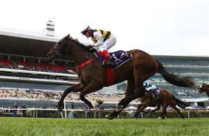 MELBOURNE, AUSTRALIA - NOVEMBER 03: Dean Yendall rides #14 Toregene to win the Melbourne Cup Carnival Country Final during 2022 Kennedy Oaks Day at Flemington Racecourse on November 03, 2022 in Melbourne, Australia. (Photo by Robert Cianflone/Getty Images)