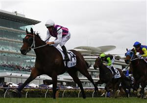 MELBOURNE, AUSTRALIA - NOVEMBER 03: Hugh Bowman rides #14 Razeta to win the Off The Track Desirable Stakes during 2022 Kennedy Oaks Day at Flemington Racecourse on November 03, 2022 in Melbourne, Australia. (Photo by Robert Cianflone/Getty Images)