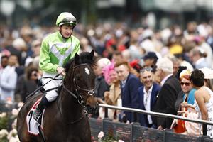 MELBOURNE, AUSTRALIA - NOVEMBER 03: James McDonald returns to scale on Matron Bullwinkle after winning race 1 the TCL TV Stakes during 2022 Kennedy Oaks Day at Flemington Racecourse on November 03, 2022 in Melbourne, Australia. (Photo by Darrian Traynor/Getty Images)