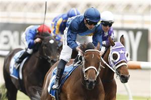 MELBOURNE, AUSTRALIA - NOVEMBER 03: James McDonald rides Roots to win race 3 the Inglis Bracelet during 2022 Kennedy Oaks Day at Flemington Racecourse on November 03, 2022 in Melbourne, Australia. (Photo by Darrian Traynor/Getty Images)