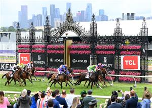 MELBOURNE, AUSTRALIA - NOVEMBER 03: James McDonald rides #7 Matron Bullwinkel to win the TCL Tv Stakes during 2022 Kennedy Oaks Day at Flemington Racecourse on November 03, 2022 in Melbourne, Australia. (Photo by Quinn Rooney/Getty Images)