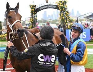 MELBOURNE, AUSTRALIA - NOVEMBER 03: James McDonald riding Roots after winning Race 3, the Inglis Bracelet, during 2022 Kennedy Oaks Day at Flemington Racecourse on November 03, 2022 in Melbourne, Australia. (Photo by Vince Caligiuri/Getty Images)