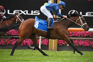 MELBOURNE, AUSTRALIA - NOVEMBER 03: James McDonald riding Roots winning Race 3, the Inglis Bracelet, during 2022 Kennedy Oaks Day at Flemington Racecourse on November 03, 2022 in Melbourne, Australia. (Photo by Vince Caligiuri/Getty Images)