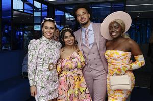 MELBOURNE, AUSTRALIA - NOVEMBER 03: Suga Neekz, Cyrell Paule, Marley Biyendolo and Suzan Mutesi during 2022 Oaks Day at Flemington Racecourse on November 3, 2022 in Melbourne, Australia. (Photo by Sam Tabone/Getty Images)