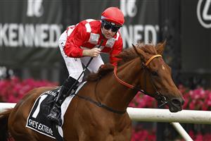 MELBOURNE, AUSTRALIA - NOVEMBER 03: Tommy Berry riding #1 She's Extreme to win Race 8, the Kennedy Oaks, during 2022 Kennedy Oaks Day at Flemington Racecourse on November 03, 2022 in Melbourne, Australia. (Getty)