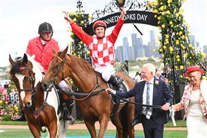 MELBOURNE, AUSTRALIA - NOVEMBER 03: Tommy Berry riding #1 She's Extreme to win Race 8, the Kennedy Oaks, during 2022 Kennedy Oaks Day at Flemington Racecourse on November 03, 2022 in Melbourne, Australia. (Getty)