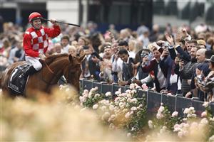 MELBOURNE, AUSTRALIA - NOVEMBER 03: Tommy Berry returns to scale after winning the Kennedy Oaks, during 2022 Kennedy Oaks Day at Flemington Racecourse on November 03, 2022 in Melbourne, Australia. (Getty)
