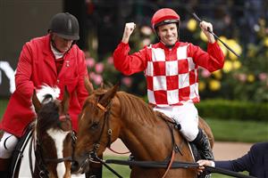 MELBOURNE, AUSTRALIA - NOVEMBER 03: Tommy Berry riding #1 She's Extreme to win Race 8, the Kennedy Oaks, during 2022 Kennedy Oaks Day at Flemington Racecourse on November 03, 2022 in Melbourne, Australia. (Getty)
